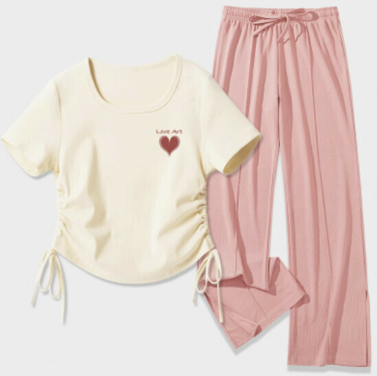 Hot selling T-shirt + ice silk slit trousers [milk white (Ai Yixin) + pink pants] [S-2XL size] (please contact customer service to confirm the delivery size after placing the order)