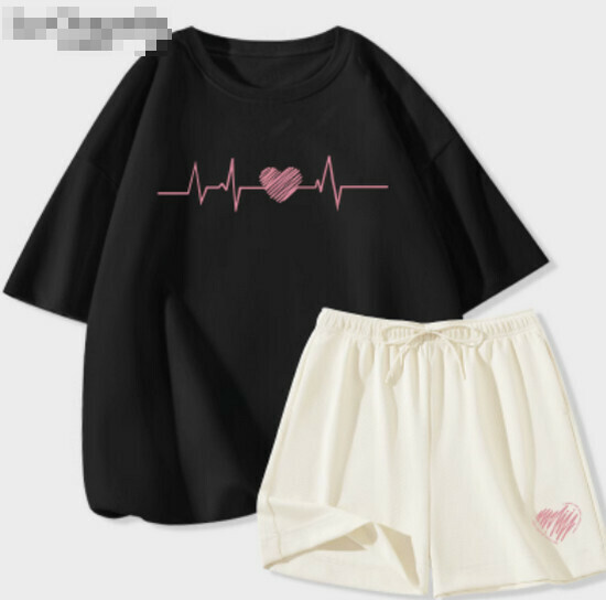 Hot selling ice silk shorts casual suit [black (heartbeat) + milk white pants] [S-2XL size] (please contact customer service to confirm the delivery size after placing the order)