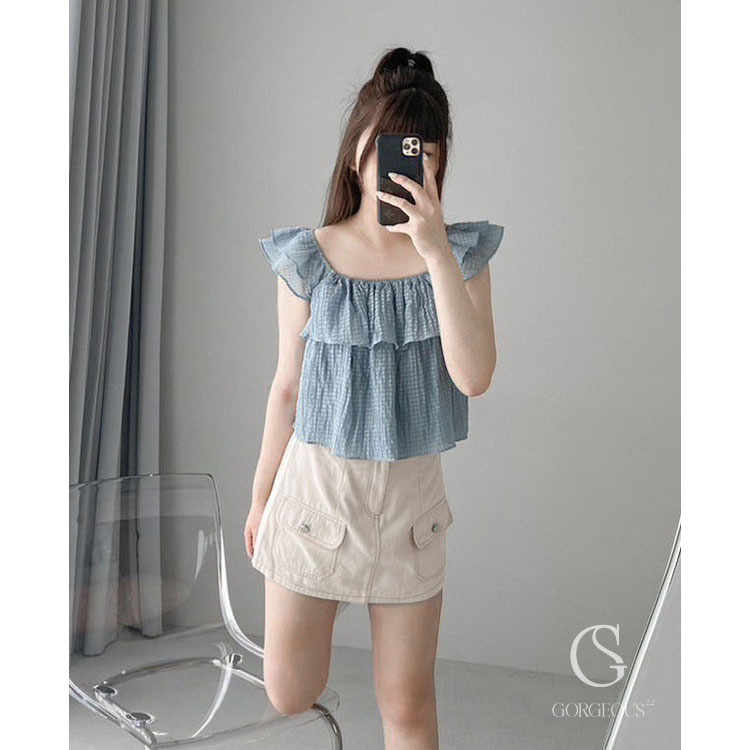 G2882 現貨 「荷葉袖方格蛋糕層上衣」