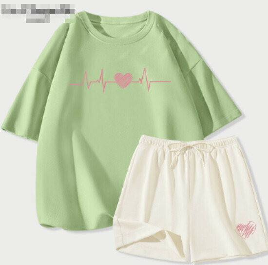Hot selling ice silk shorts casual suit [fruit green (heartbeat) + milky white pants] [S-2XL size] (please contact customer service to confirm the delivery size after placing the order)