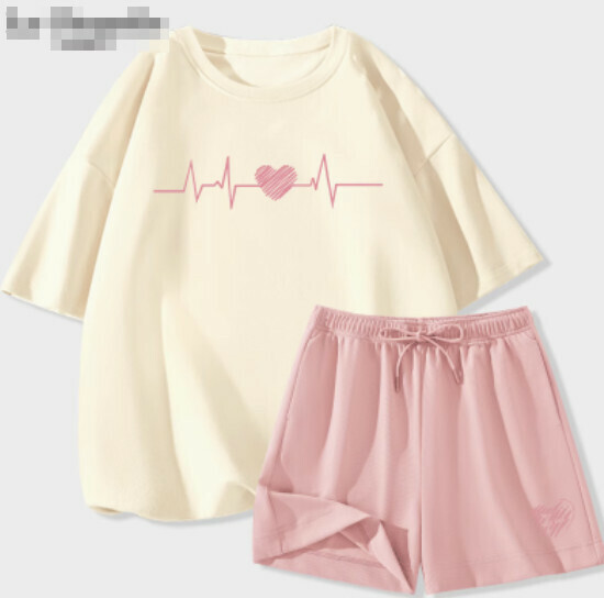 Hot selling ice silk shorts casual suit [milk white (heartbeat) + pink pants] [S-2XL size] (please contact customer service to confirm the delivery size after placing the order)