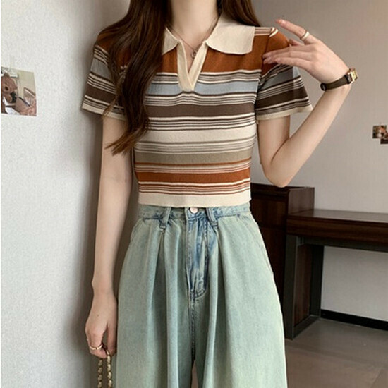 Hot selling striped knitted T-shirt [red stripe] [size S-L] (please contact customer service to confirm the delivery size after placing the order)