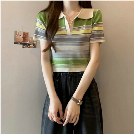Hot selling striped knitted T-shirt [green stripe] [size S-L] (please contact customer service to confirm the delivery size after placing the order)