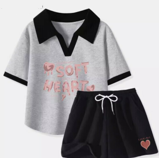 Hot selling T-shirt shorts two-piece set [Heather gray (love word) + black pants] [S-XL size] (please contact customer service to confirm the delivery size after placing the order)