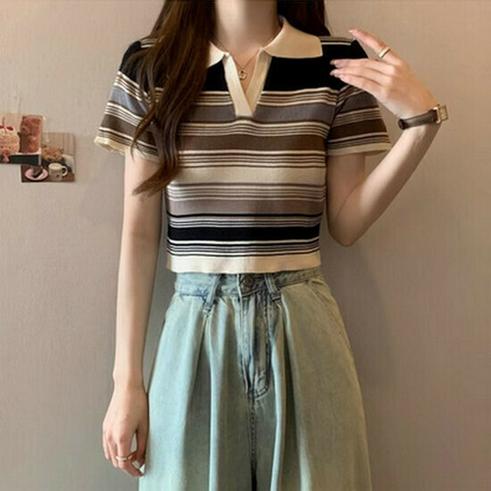 Hot selling striped knitted T-shirt [Black Stripes] [S-L Size] (please contact customer service to confirm the delivery size after placing the order)