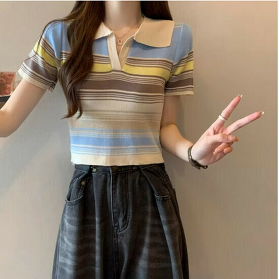 Hot selling striped knitted T-shirt [blue stripe] [S-L size] (please contact customer service to confirm the delivery size after placing the order)