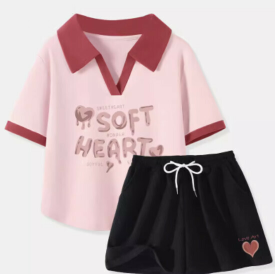 Hot selling two-piece set of T-shirts and shorts [Light pink (love word) + black pants] [S-XL size] (please contact customer service to confirm the delivery size after placing the order)