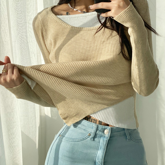 熱賣假兩件拼色針織衫(杏色)(S/M碼)(下單後聯絡客服確認發貨尺碼)