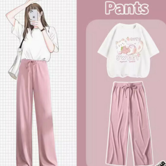 Hot selling wide-leg pants and T-shirt two-piece set [white (strawberry cat) + pink pants] [S-XL size] (please contact customer service to confirm the delivery size after placing the order)