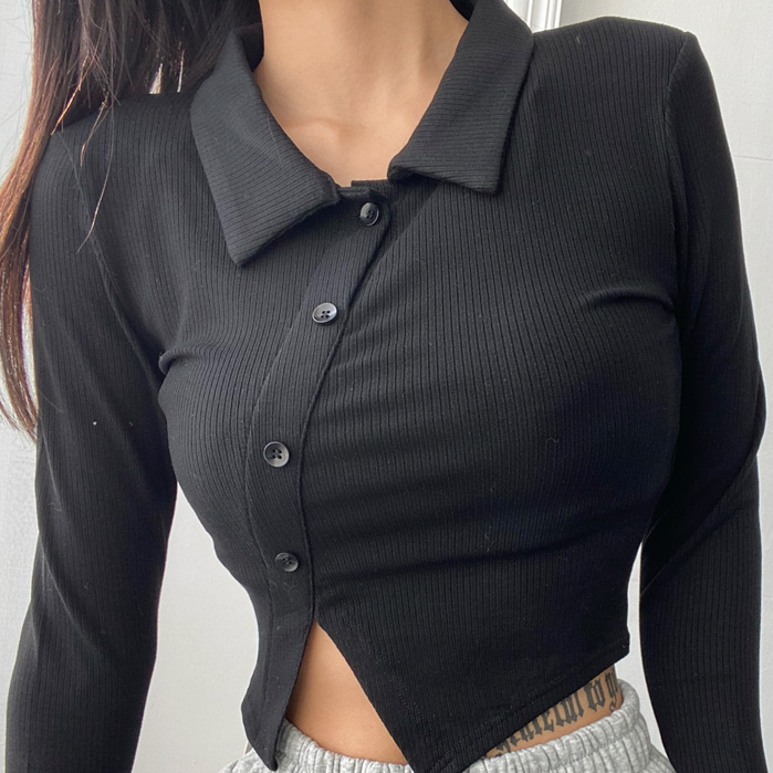 Hot selling lapel diagonal button slit T-shirt (black) (S/M size) (contact customer service after placing the order to confirm the delivery size)