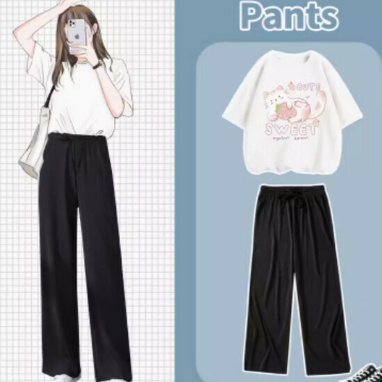 Hot selling wide-leg pants and T-shirt two-piece set [white (strawberry cat) + black pants] [S-XL] (please contact customer service to confirm the delivery size after placing the order)