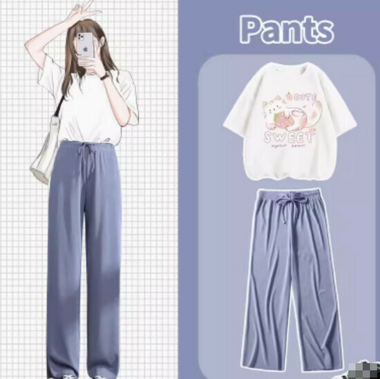 Hot selling wide-leg pants and T-shirt two-piece set [white (strawberry cat) + blue pants] [S-XL size] (please contact customer service to confirm the delivery size after placing the order)