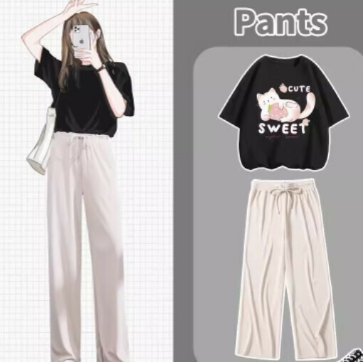 Hot-selling wide-leg pants and T-shirt two-piece set [Black (Strawberry Cat) + Apricot Pants] [S-XL] (please contact customer service to confirm the delivery size after placing the order)