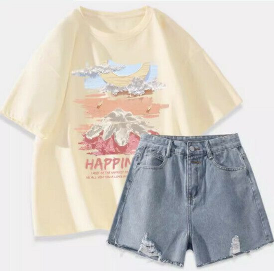 Hot selling t-shirt + denim shorts [milk white (big oil painting dreamland) + retro blue pants] [S-2XL size] (please contact customer service to confirm the delivery size after placing the order)