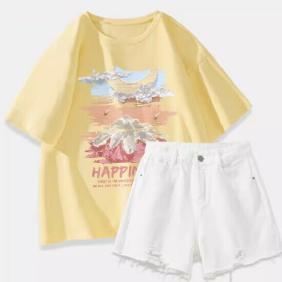 Hot selling t-shirt + denim shorts [goose yellow (big oil painting dreamland) + white pants] [S-2XL size] (please contact customer service to confirm the delivery size after placing the order)