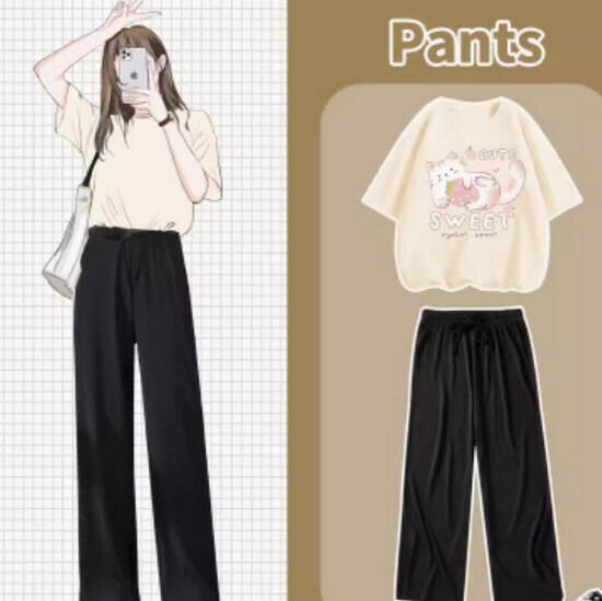 Hot selling wide-leg pants and T-shirt two-piece set [Milk White (Strawberry Cat) + Black Pants] [S-XL] (please contact customer service to confirm the delivery size after placing the order)