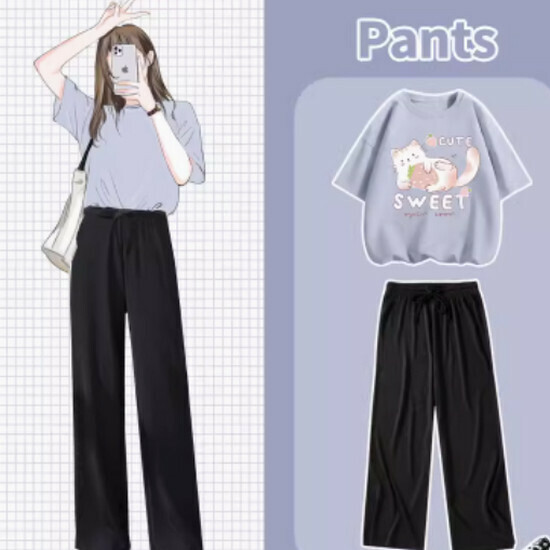 Hot selling wide-leg pants and T-shirt two-piece set [Light Blue (Strawberry Cat) + Black Pants] [S-XL] (please contact customer service to confirm the delivery size after placing the order)