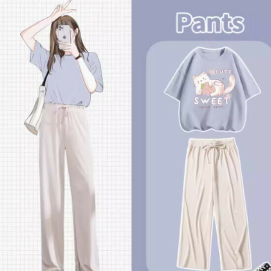 Hot-selling wide-leg pants and T-shirt two-piece set [Light Blue (Strawberry Cat) + Apricot Pants] [S-XL] (please contact customer service to confirm the delivery size after placing the order)