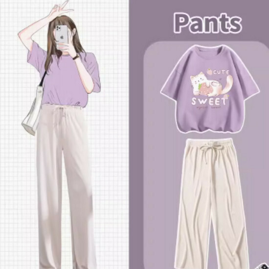 Hot-selling wide-leg pants and T-shirt two-piece set [Taro Purple (Strawberry Cat) + Apricot Pants] [S-XL] (please contact customer service to confirm the delivery size after placing the order)