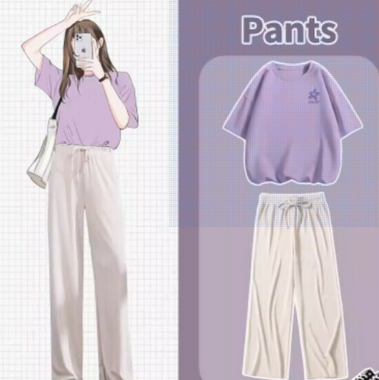 Hot Selling Ice Silk Pants and T-shirt Two-piece Set [Taro Purple (Orchid Chest Logo) + Apricot Pants] [S-XL Size] (Please contact customer service to confirm the delivery size after placing the order)