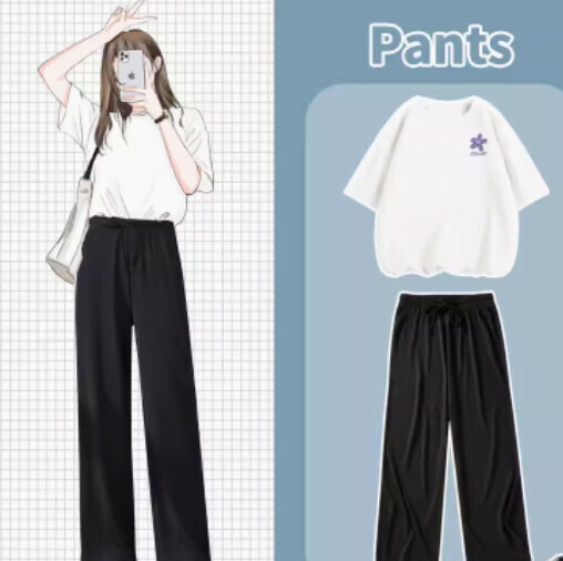 Hot selling ice silk pants and T-shirt two-piece set [white (orchid chest logo) + black pants] [S-XL size] (please contact customer service to confirm the delivery size after placing the order)