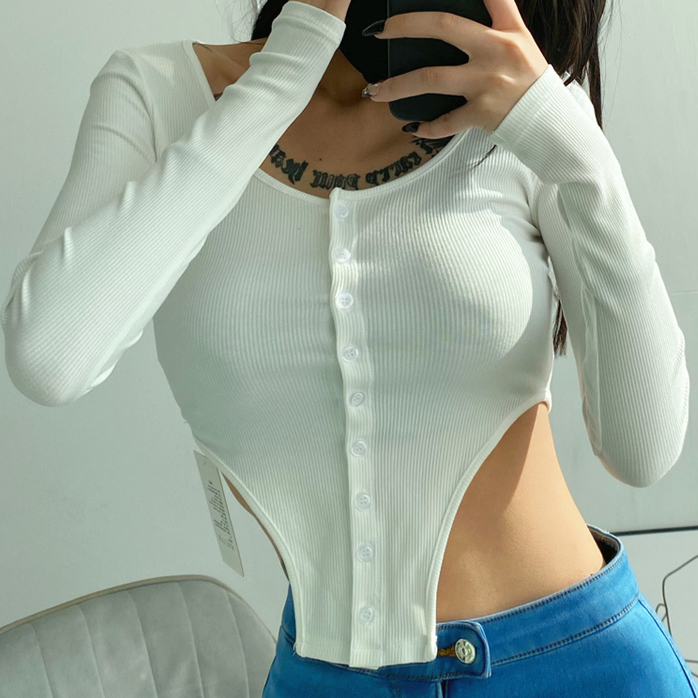 Hot selling irregular hem long-sleeved buttoned T-shirt (white) (S/M size) (contact customer service after placing the order to confirm the delivery size)