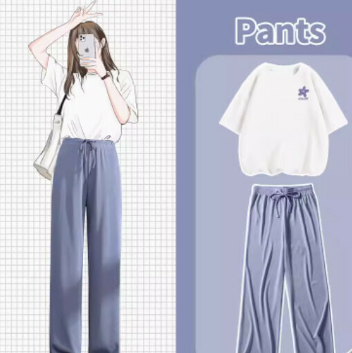 Hot selling ice silk pants and T-shirt two-piece set [white (orchid chest logo) + blue pants] [S-XL size] (please contact customer service to confirm the delivery size after placing the order)
