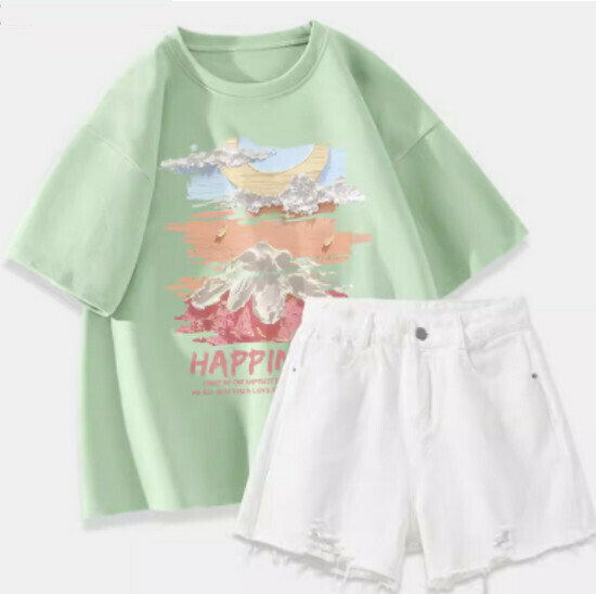 Hot selling t-shirt + denim shorts [fruit green (big oil painting dreamland) + white pants] [S-2XL size] (please contact customer service to confirm the delivery size after placing the order)