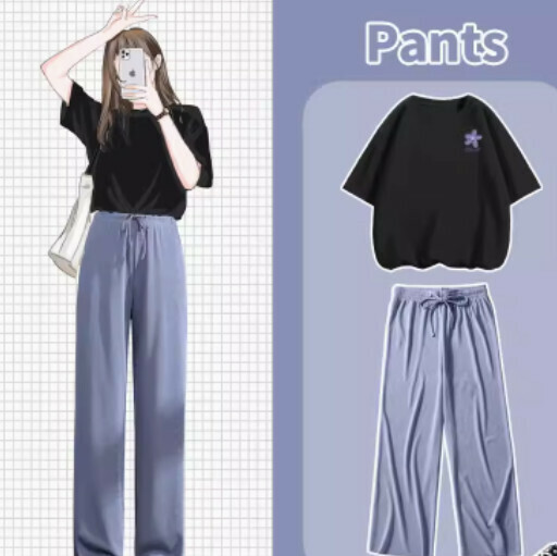 Hot selling ice silk pants and T-shirt two-piece set [black (orchid chest logo) + blue pants] [S-XL size] (please contact customer service to confirm the delivery size after placing the order)