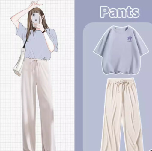 Hot selling ice silk pants and T-shirt two-piece set [light blue (orchid chest logo) + apricot pants] [S-XL size] (please contact customer service to confirm the delivery size after placing the order)
