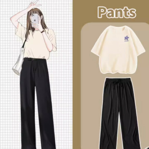 Hot Selling Ice Silk Pants T-shirt Two-piece Set [Milk White (Orchid Chest Logo) + Black Pants] [S-XL Size] (Please contact customer service to confirm the delivery size after placing the order)