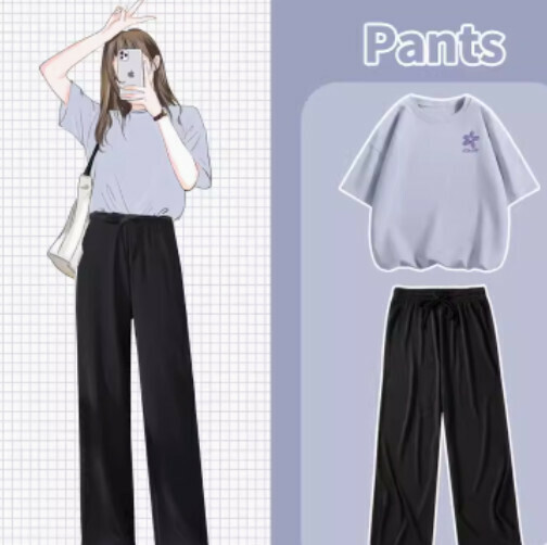 Hot selling ice silk pants and T-shirt two-piece set [light blue (orchid chest logo) + black pants] [S-XL size] (please contact customer service to confirm the delivery size after placing the order)