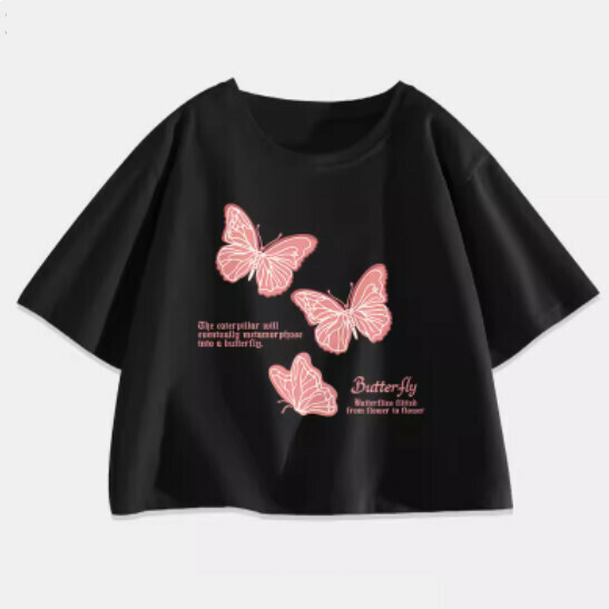 Hot selling ice silk short T-shirt [Black (Flying Butterfly)] [S-2XL size] (please contact customer service to confirm the delivery size after placing the order)
