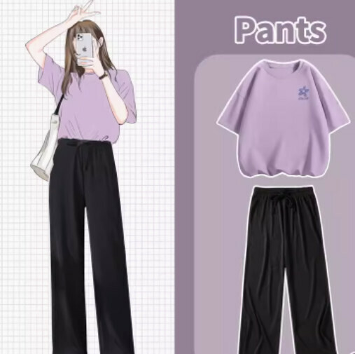 Hot selling ice silk pants and T-shirt two-piece set [Taro purple (orchid chest logo) + black pants] [S-XL size] (please contact customer service to confirm the delivery size after placing the order)
