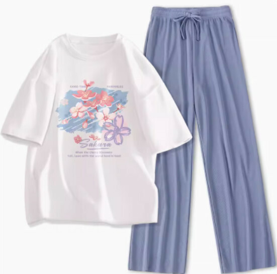 Hot selling loose short-sleeved trousers two-piece set [white (Tuya Sakura) + blue pants] [S-XL size] (please contact customer service to confirm the delivery size after placing the order)