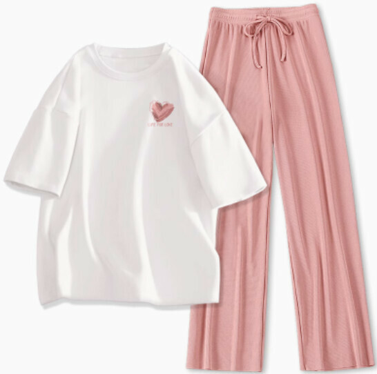 Hot selling ice silk pants casual two-piece set [white (messy love) + pink pants] [S-XL size] (please contact customer service to confirm the delivery size after placing the order)