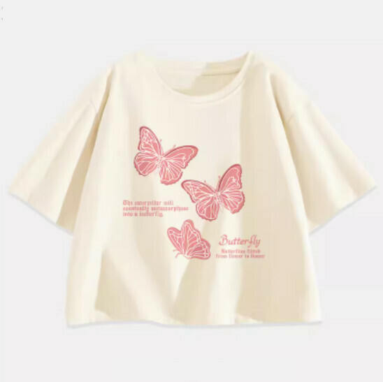 Hot selling ice silk short T-shirt [Milk White (Flying Butterfly)] [S-2XL size] (please contact customer service to confirm the delivery size after placing the order)