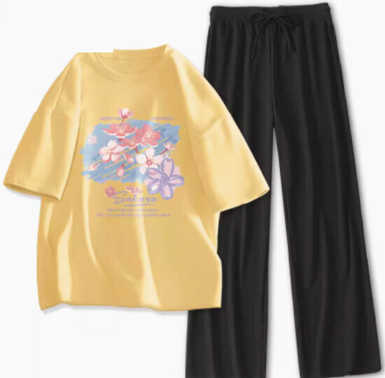 Hot selling loose short-sleeved trousers two-piece set [goose yellow (Tuya Sakura) + black pants] [S-XL size] (please contact customer service to confirm the delivery size after placing the order)