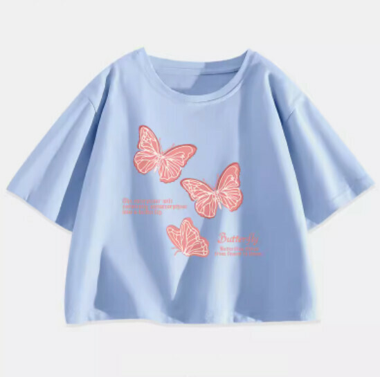 Hot selling ice silk short T-shirt [Light Blue (Flying Butterfly)] [S-2XL size] (please contact customer service to confirm the delivery size after placing the order)