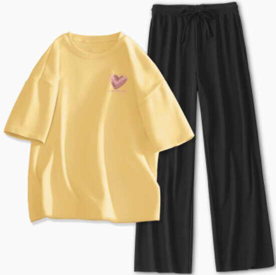 Hot selling ice silk pants casual two-piece set [goose yellow (messy love) + black pants] [S-XL size] (please contact customer service to confirm the delivery size after placing the order)