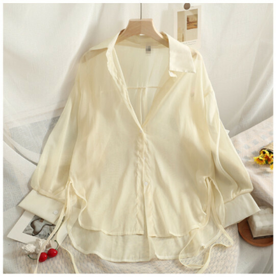 Roll-lapel long-sleeved shirt (apricot) (one size)