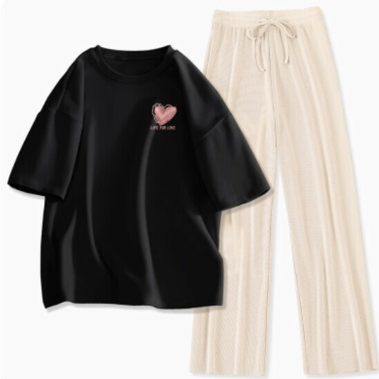 Hot selling ice silk pants casual two-piece set [Black (messy love) + apricot pants] [S-XL size] (please contact customer service to confirm the delivery size after placing the order)