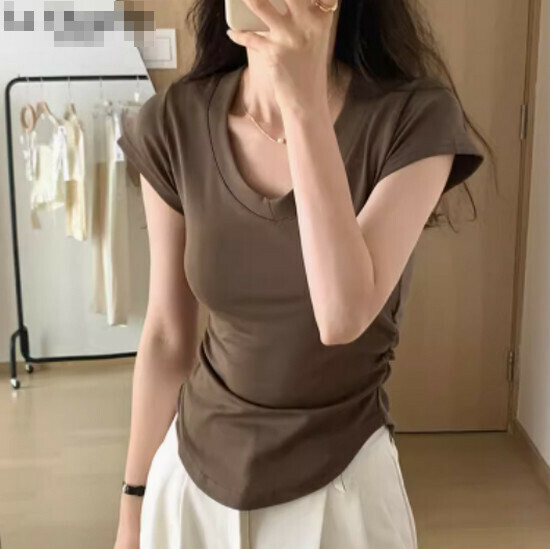 Hot selling solid color right shoulder T-shirt [coffee color] [S-2XL size] (please contact customer service to confirm the delivery size after placing the order)