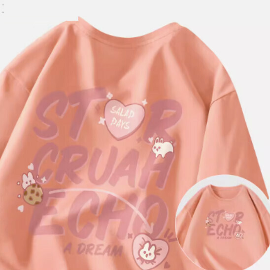 Hot selling childlike style short-sleeved T-shirt [orange pink (love word)] [S-3XL size] (please contact customer service to confirm the delivery size after placing the order)