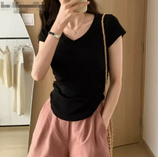 Hot selling solid color right shoulder T-shirt [Black] [S-2XL size] (please contact customer service to confirm the delivery size after placing the order)