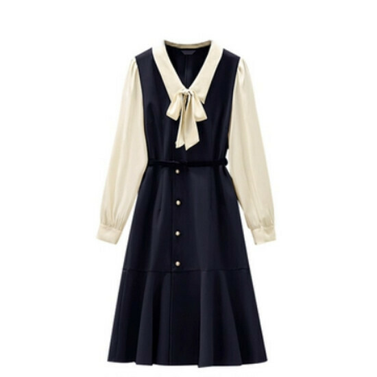 Hot selling fake two-piece dress [Navy Blue] [L-4XL size] (please contact customer service to confirm the delivery size after placing the order)