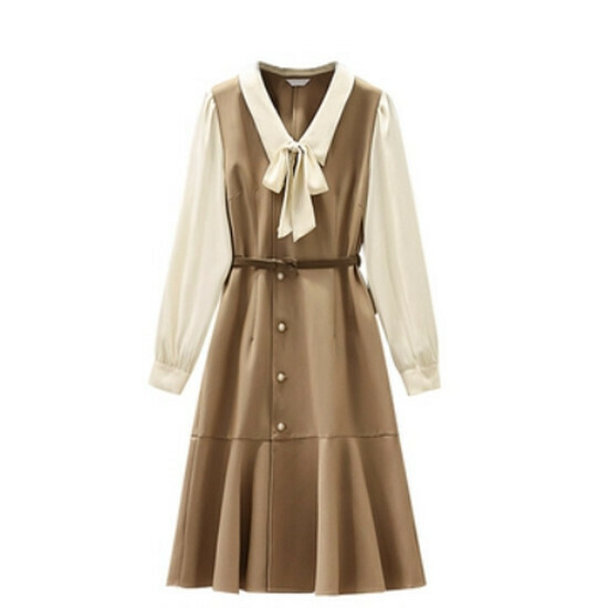 Hot selling fake two-piece dress [khaki] [L-4XL size] (please contact customer service to confirm the delivery size after placing the order)