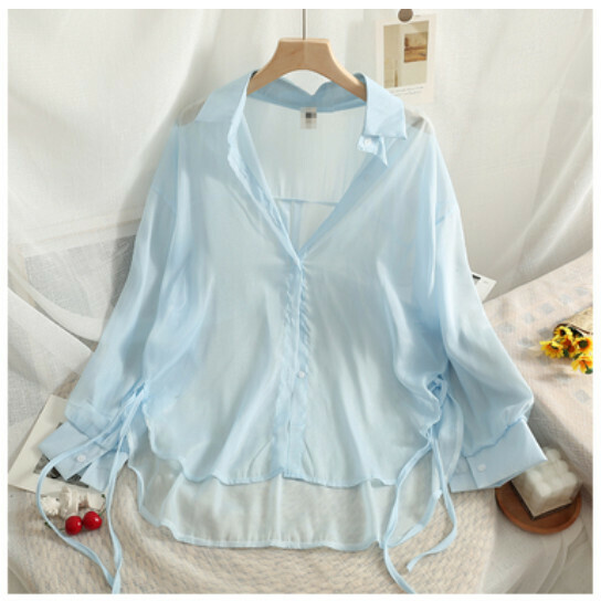 Roll-lapel long-sleeved shirt (blue) (one-size-fits-all)
