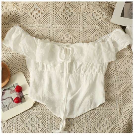Niche Off-the-Shoulder Cropped Shirt (White) (One Size)