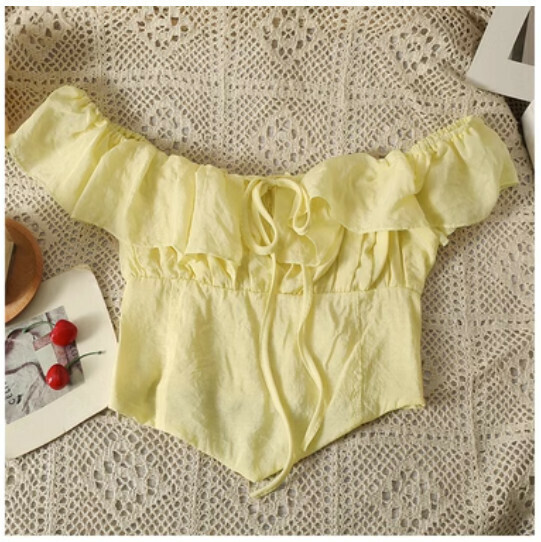 Niche Off-the-Shoulder Cropped Shirt (Yellow) (One Size)